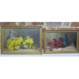 Two still life oil on canvas paintings, one signed L Bromley, both in gilt frames, largest 35cm x