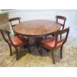 A 19th century breakfast mahogany table with 4 chairs, the table of circular form on central