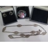 A Rennie Mackintosh design 76cm necklace, a pair of silver earrings and enamel brooch, all by