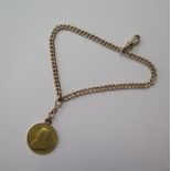 A 9ct yellow gold watch chain 15cm long with a pendant mounted 1894 gold 1 pound coin, total