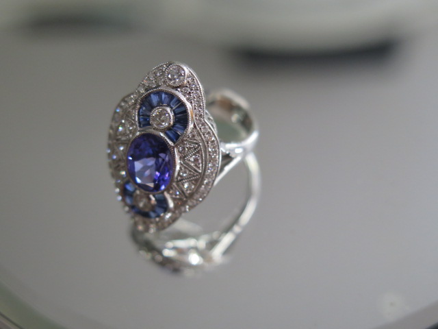 A good 750 white gold Art Deco style tanzanite, sapphire and diamond ring, tanzanite approx 1.9ct, - Image 2 of 6