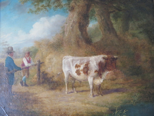 An unsigned oil on wooden panel Country scene with a cow a farmer and gentleman, in a gilt frame, - Image 2 of 5