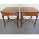 A pair of new burr wood lamp / wine tables, each with a single drawer, made by a local craftsman