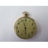 A Waltham 14K top wind pocket watch, 45mm case, base metal dust cover, approx 64 grams, hands adjust