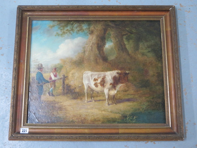 An unsigned oil on wooden panel Country scene with a cow a farmer and gentleman, in a gilt frame,