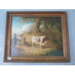 An unsigned oil on wooden panel Country scene with a cow a farmer and gentleman, in a gilt frame,