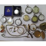 A gold plated watch on plated chain, 4 silver pocket watches, a plated ring and sovereign case and 8