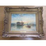 An oil on canvas of a naval mooring signed T B Hardy with plaque to frame, gilt frame approx 29cm
