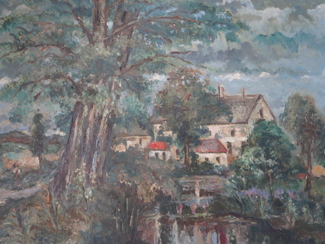 Isaac Pailes, Ukraine 1895-1978, Expressionist oil on canvas Village and pond scene, unframed, - Image 2 of 6
