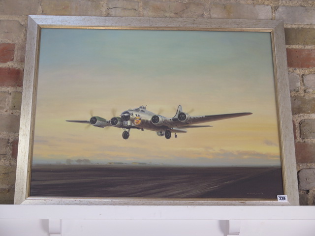 An oiliograph on canvas from an original by Gerald Coulson Bat out of Hell B17 Bomber, frame size