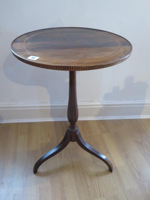 A pretty inlaid mahogany side / wine table on a turned column and tripod base, 70cm tall x 45cm