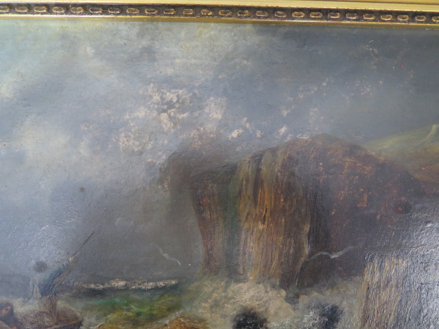 An oil on board of a boat in rough sea possibly Grace Darling signed Robinson? in a gilt frame, - Image 4 of 5