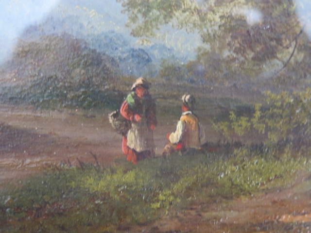 A Continental oil on canvas landscape with figures to the foreground, signed indistinctly and - Image 4 of 5