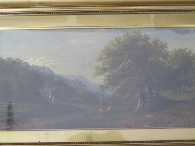 A Continental oil on canvas landscape with figures to the foreground, signed indistinctly and - Image 2 of 5