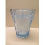 An Art Deco style blue glass vase with family profile decoration, 18.5cm tall, there are chips to