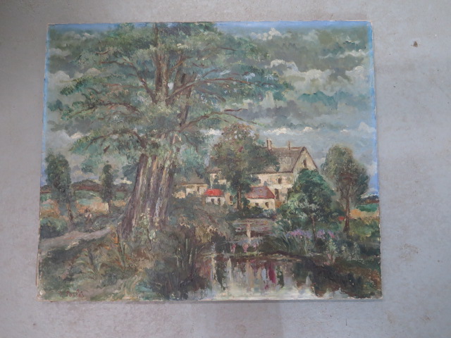 Isaac Pailes, Ukraine 1895-1978, Expressionist oil on canvas Village and pond scene, unframed,