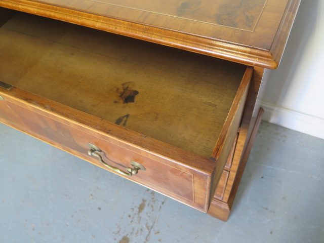 A reveneered 3 drawer chest with star inlay, standing on shaped bracket feet, 90cm tall x 95cm x - Image 4 of 5