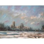 John Rohda oil on board Ely Cathedral in the Snow, unframed 51cm x 76cm