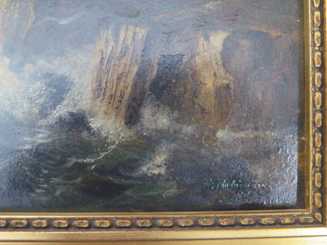 An oil on board of a boat in rough sea possibly Grace Darling signed Robinson? in a gilt frame, - Image 2 of 5