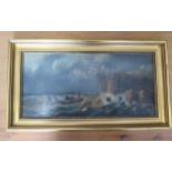 An oil on board of a boat in rough sea possibly Grace Darling signed Robinson? in a gilt frame,