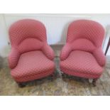 A pair of Victorian re-upholstered fireside chairs, 87cm tall x 65cm wide