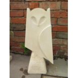 A limestone stylized owl sculpture, hand carved by a Cambridgeshire based stone carver, 62cm tall