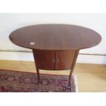 An Edwardian inlaid mahogany dropleaf work table / cabinet on splayed legs, 71cm tall x 91xm