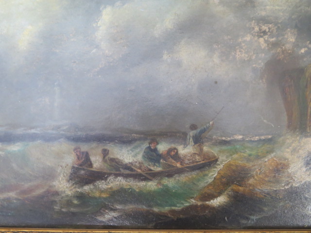 An oil on board of a boat in rough sea possibly Grace Darling signed Robinson? in a gilt frame, - Image 3 of 5