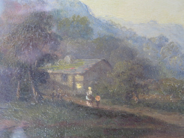 A Continental oil on canvas landscape with figures to the foreground, signed indistinctly and - Image 5 of 5