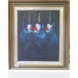 An abstract painting oil on board of Coldstream Guards on horseback Trooping the Colour, unsigned,