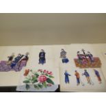 Six Oriental watercolours on rice paper, all have some damage but colours bright