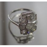 An 18ct white gold Art Deco style ring, approx 2.0ctof diamonds, size O, marked 18ct, head 18mm x