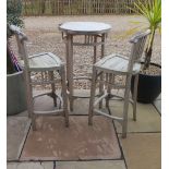 A wooden garden bar table and two chair set, table 100cm tall x 60cm, weathered condition