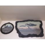 Two carved wooden Oriental picture frames, 23cm diameter x 53cm x 35cm, slight damage to larger