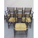 A set of six 19th century ebonised William Morris type rush seated Sussex armchairs, all have been