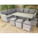 A Kettler Palma Corner Casual dining set with six seater corner sofa and 4 stools , all with