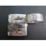A silver bangle and a sterling silver Japanese enamel cigarette case, total weight approx 3.1 troy