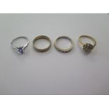 Two 18ct gold diamond rings, an 18ct yellow and white gold band and a 14ct white gold ring, sizes