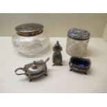 Two silver top glass tidies and a silver cruet set, weighable silver approx 6 troy oz