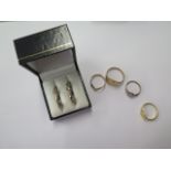 Three 9ct gold rings approx 7 grams, and an 18ct signet ring size P, approx 2.8 grams, and a pair of