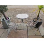 A French cafe style metal table and folding chair set, table 72cm tall x 60cm, weathered condition