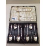A boxed set of 6 silver Apostle spoons with nip and 2 other silver nips, total weight approx 6.5