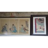 A Japanese Triptych coloured print Beauties in the Meiji Era Imayo-no-Bijin Chikanobu- label verso