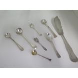 Seven assorted silver spoons including a sifter and a knife, total weight approx 4 troy oz