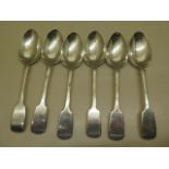 A matched set of 6 fiddle pattern dessert spoons, London 1844 SH and DC x 1 and London 1849 Hayne