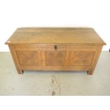 An 18th century and later oak 3 panel coffer with candle box and key, 54cm tall x 113cm x 45cm