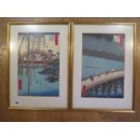 A pair of Japanese coloured prints Kameido Temple Toyko and sudden shower at Chashi after Hiroshige,