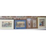 5 Japanese coloured prints, one after Hiroshige Ando Nihonbashi, one of the Tokaido 53 stations,