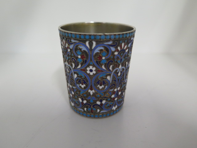 A Russian Klingert 84 silver and enamel beaker, 5.6cm tall, and an 84 silver and enamel spoon 13.5cm - Image 2 of 17