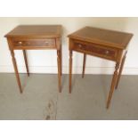 A pair of new burr wood crossbanded lamp tables each with a drawer on turned legs, made by a local